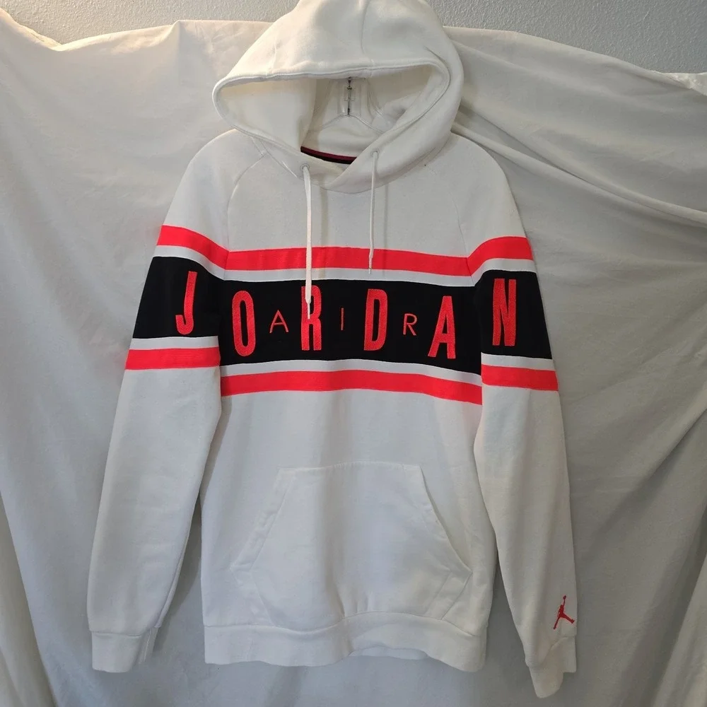 Nike Air Jordan Hoodie Men's S Pull-Over Sweatshirt White W/Orange & Black Retro